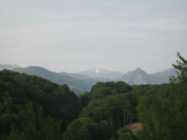 Május 4 - a Cserna völgye - AQz erdő mögött a nagy gát.Középe a havas Godenu hegység.